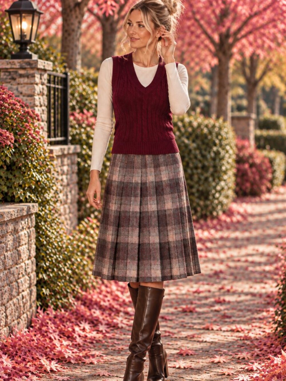 Pleated Plaid Brown and Pink Wool Skirt - M - EXCELLENT CONDITION